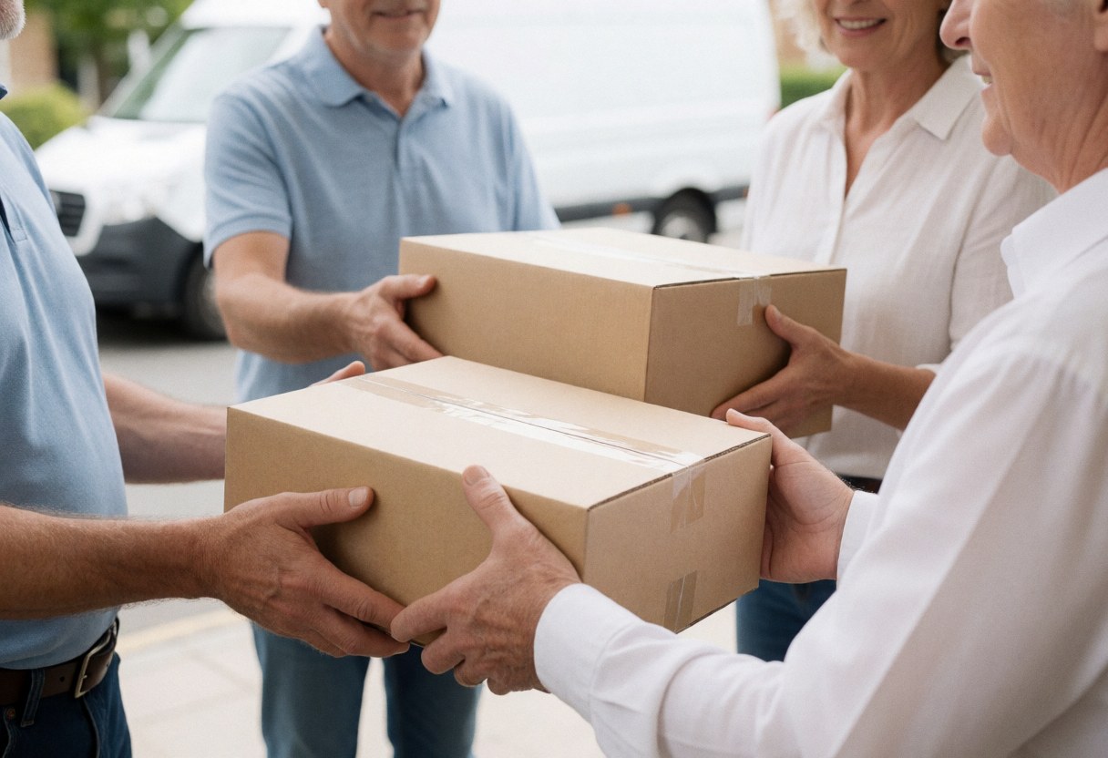 Adult hands passing cardboard boxes to a client during home delivery with a van in the background for online store service.