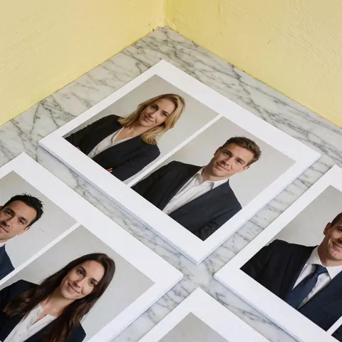 Printed staff photographs on paper placed on a marble table with yellow walls in the background.