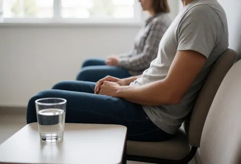 A relaxed customer seated in a bright waiting area with white walls and natural light, holding a glass of water on a table for psychological consultations.