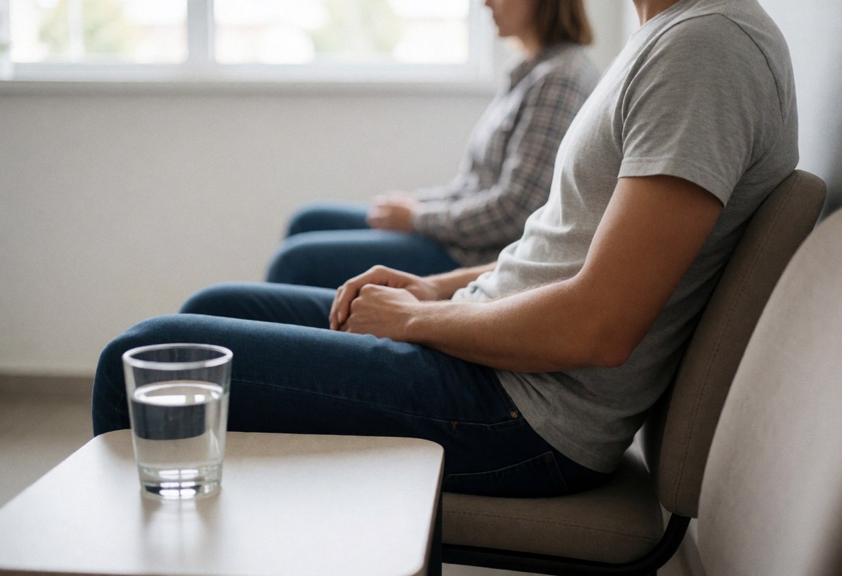 A relaxed customer seated in a bright waiting area with white walls and natural light, holding a glass of water on a table for psychological consultations.