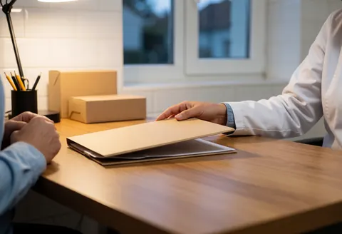 A hand closes a file folder on a desk in an office with white tiles and warm light.