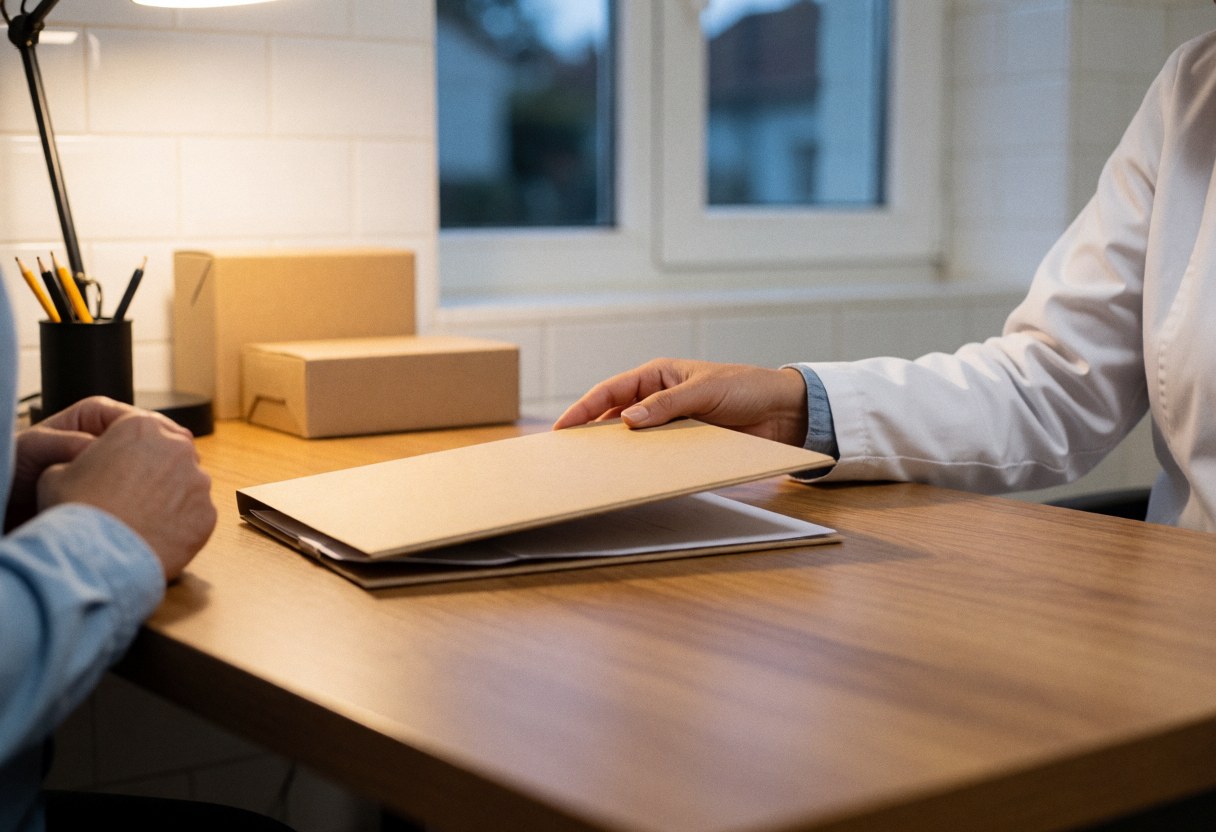 A hand closes a file folder on a desk in an office with white tiles and warm light.