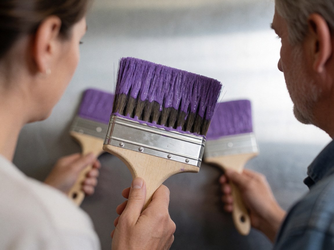 Close-up view of purple paintbrushes being held by workers during a professional painting project on a gray wall.
