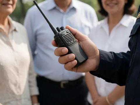 Close-up of a security team member's hand gripping a black two-way radio with an antenna, wearing a dark uniform against a blurred outdoor background.