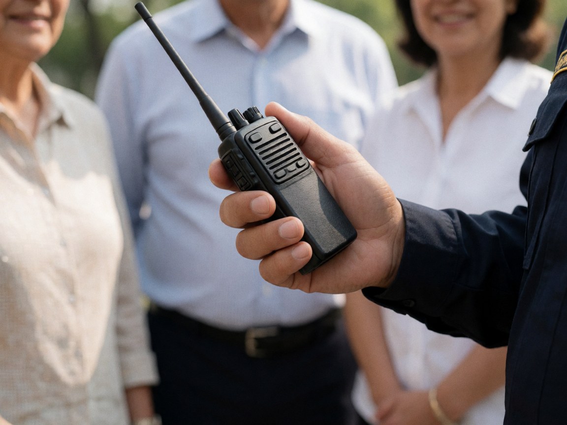 Close-up of a security team member's hand gripping a black two-way radio with an antenna, wearing a dark uniform against a blurred outdoor background.
