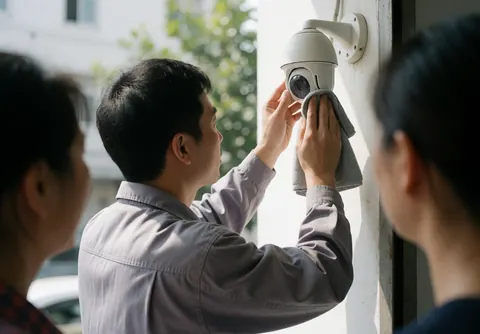 A security technician cleans a wall-mounted surveillance camera while two women observe closely nearby.