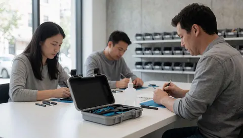 Three technicians working at a table with repair kit and adhesive in a concrete room with parts shelves for phone repairers.