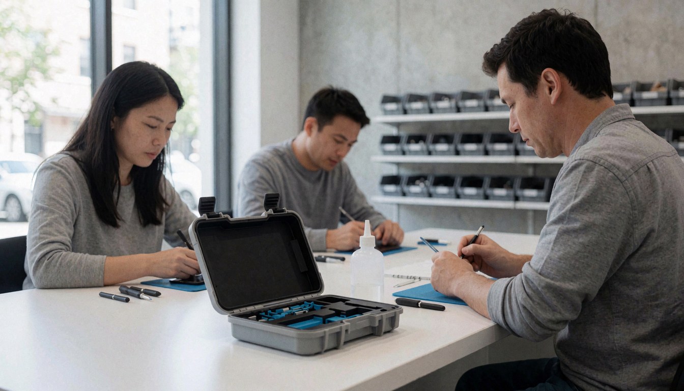Three technicians working at a table with repair kit and adhesive in a concrete room with parts shelves for phone repairers.