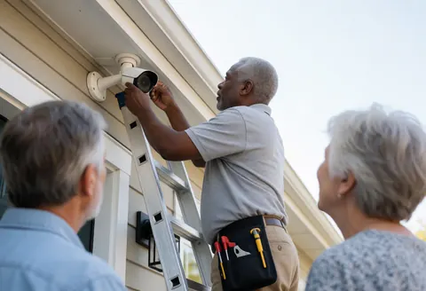 A security professional on a ladder installs or adjusts a surveillance camera at a home while customers observe the service being performed.