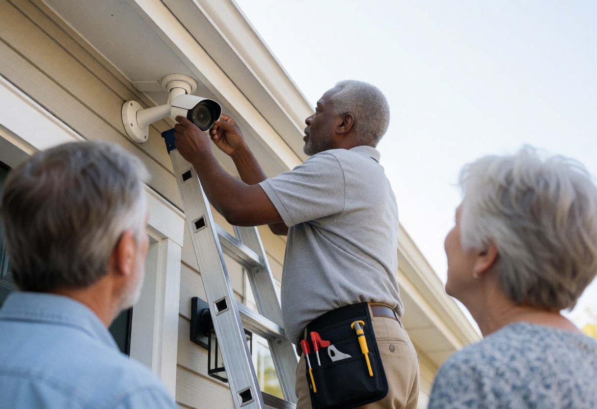 A security professional on a ladder installs or adjusts a surveillance camera at a home while customers observe the service being performed.