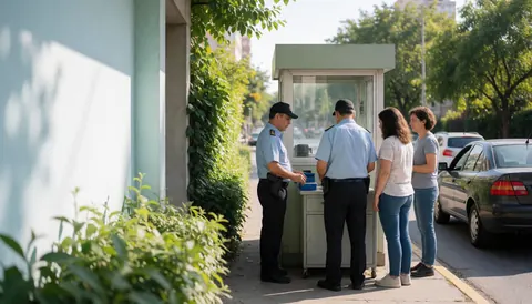 Two security guards attending to visitors inside a control booth with vehicles and greenery visible outside on a sunny day.