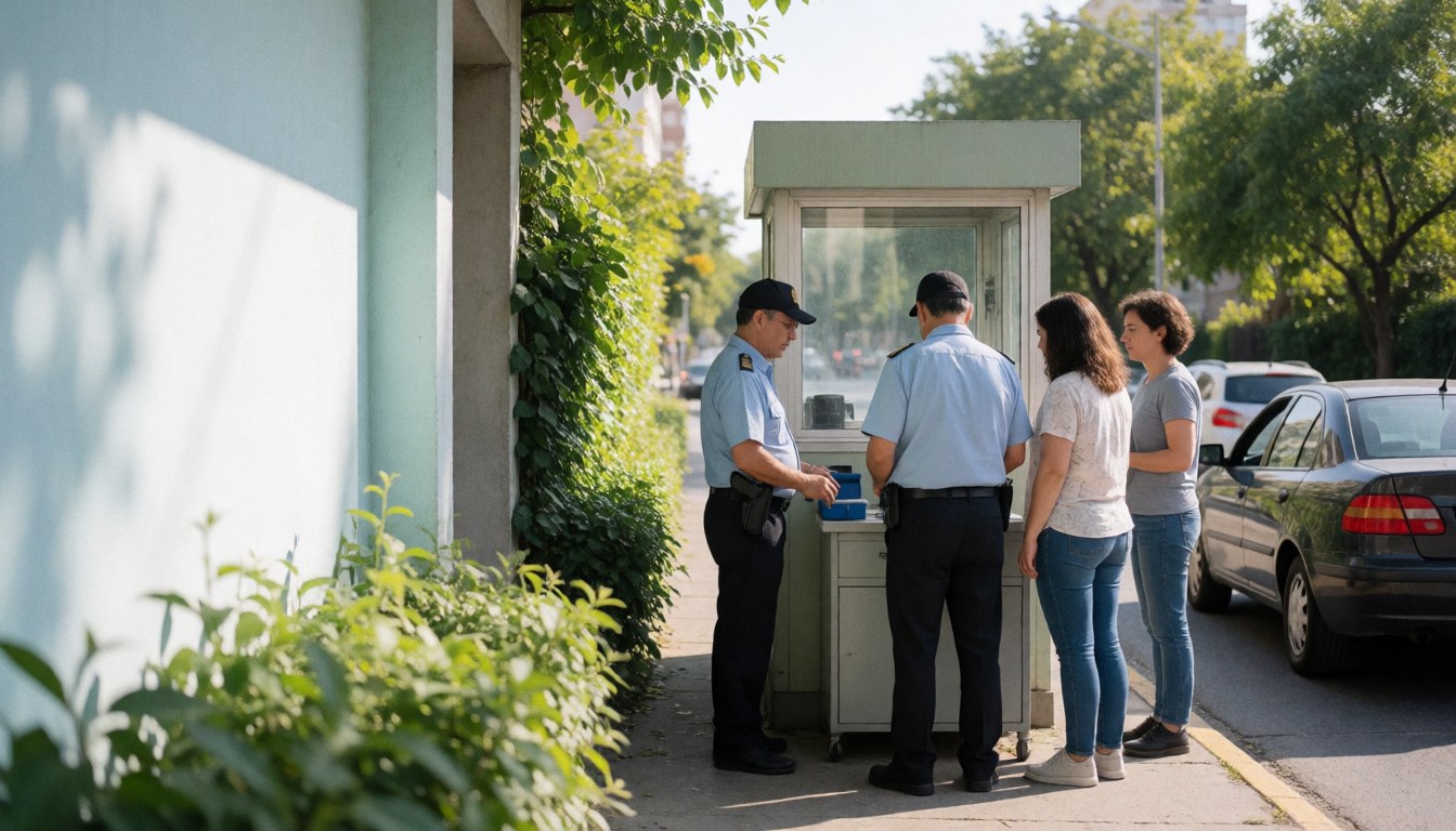 Two security guards attending to visitors inside a control booth with vehicles and greenery visible outside on a sunny day.