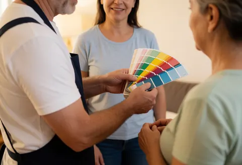 A painter explains paint options to two clients in a modern living room.