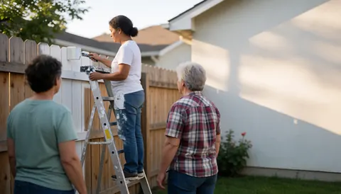 A woman uses a ladder to paint a white wooden fence while two people watch from the garden.