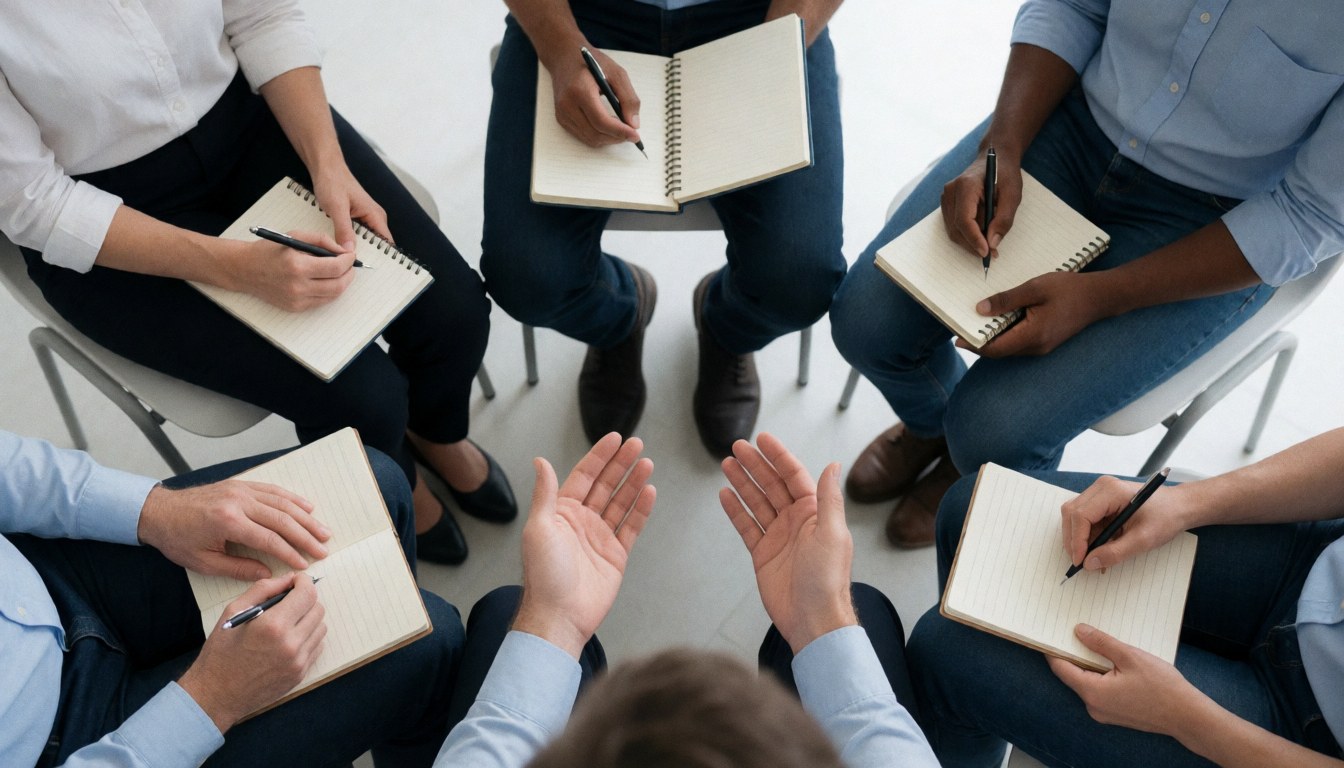 A group of individuals seated in a circular arrangement within a room, actively writing in their notebooks during a session.
