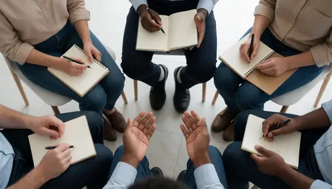 Adults seated in a circle writing in notebooks during a therapy session