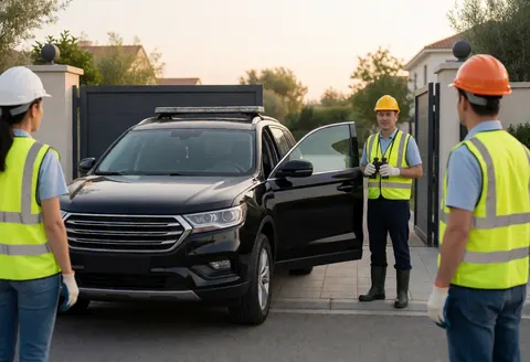 Security personnel in reflective vests and helmets monitoring a modern residential entrance during sunset.
