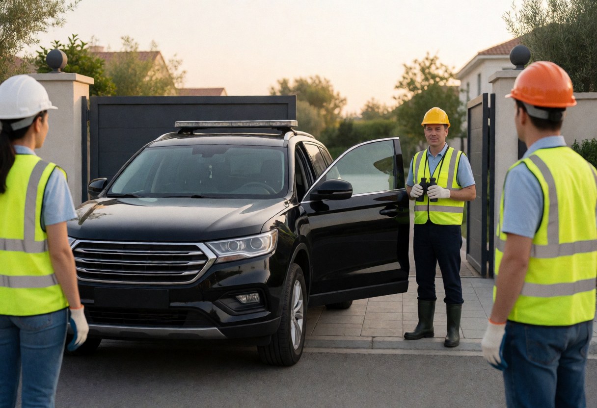 Security personnel in reflective vests and helmets monitoring a modern residential entrance during sunset.