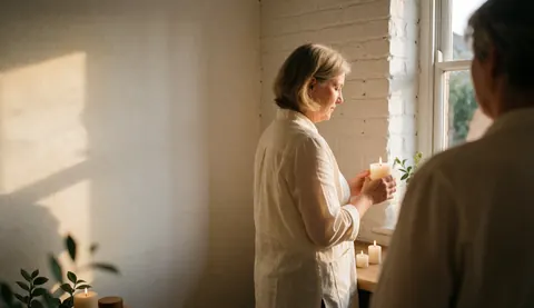 Therapist holds lit candle by window with natural light and white brick wall for psychology center