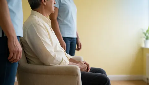 An older adult sits in a waiting chair against a yellow wall in a therapy office, with empty space on the right for text.