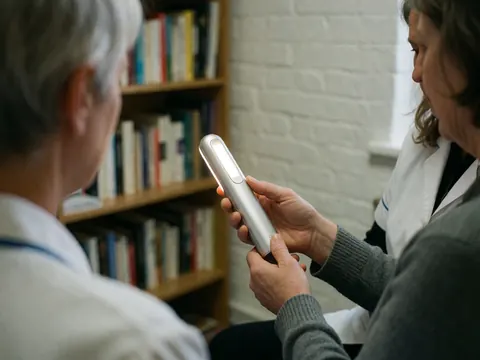 Therapist holding a bilateral stimulation bar during a session with a white brick wall and blurred bookshelf in the background.