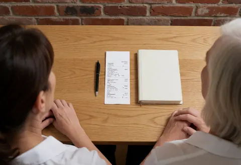 A client and professional review an invoice on a wooden desk with a ledger book in a consultation room.