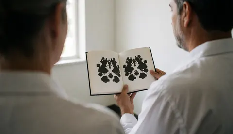Professional psychologist conducting a therapy session with an open inkblot test book in a bright white room.