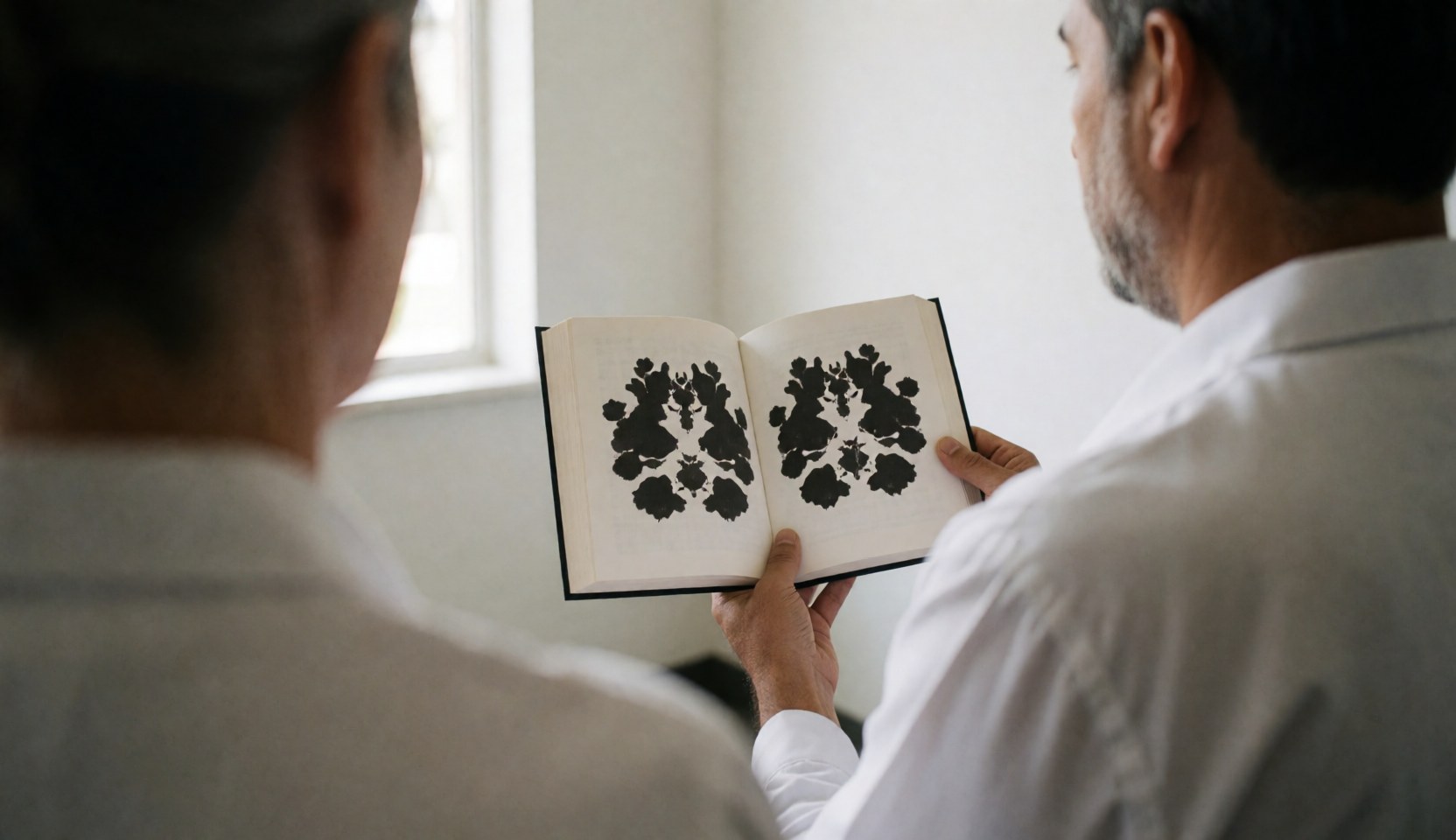 Professional psychologist conducting a therapy session with an open inkblot test book in a bright white room.
