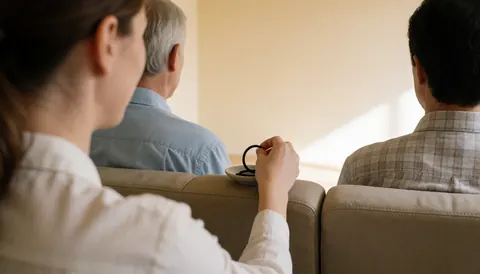 A woman sitting in a beige waiting room holding a black pen with natural light and three people seated nearby for psychology therapy