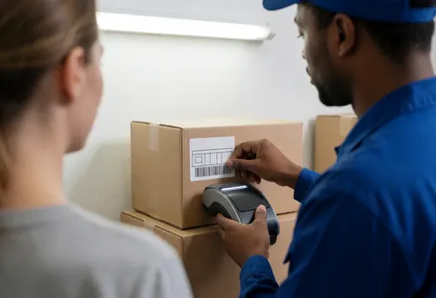 Warehouse staff applying a barcode label to a shipping box while a customer observes the fulfillment process.