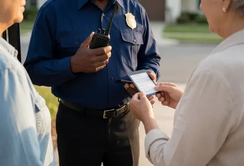 A security guard in uniform inspects identification credentials at a residential entry point during daylight hours.