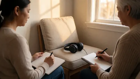 Two individuals seated in a naturally lit room, writing in notebooks while wearing headphones, suggesting a therapy or coaching session.