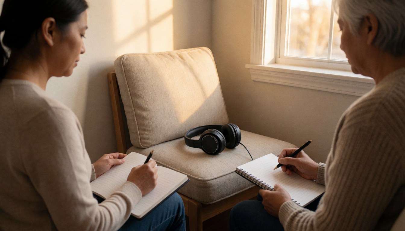 Two individuals seated in a naturally lit room, writing in notebooks while wearing headphones, suggesting a therapy or coaching session.