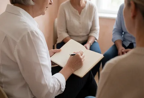 A psychologist writes in a notebook while three clients converse in a room with terracotta walls and natural light.