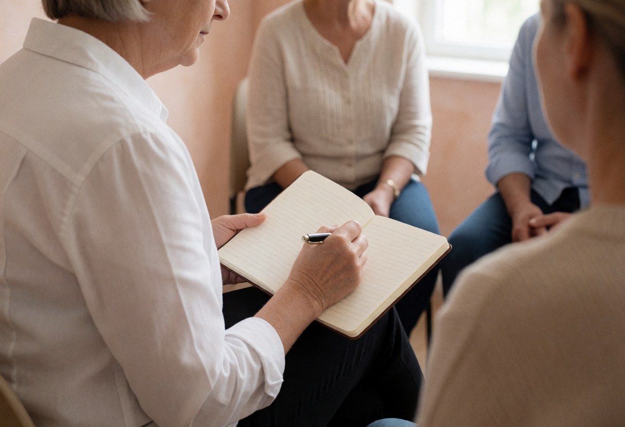 A psychologist writes in a notebook while three clients converse in a room with terracotta walls and natural light.