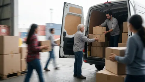 Workers loading cardboard boxes onto the back of a delivery truck in a warehouse for online store service