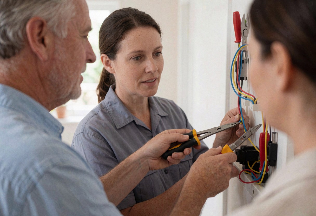Professional electrician performing electrical service in a home while consulting with a client about the work being done.