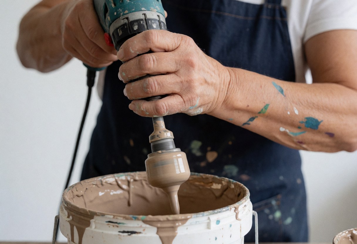 A hand uses an electric mixer to blend thick paint in a bucket during house painting service