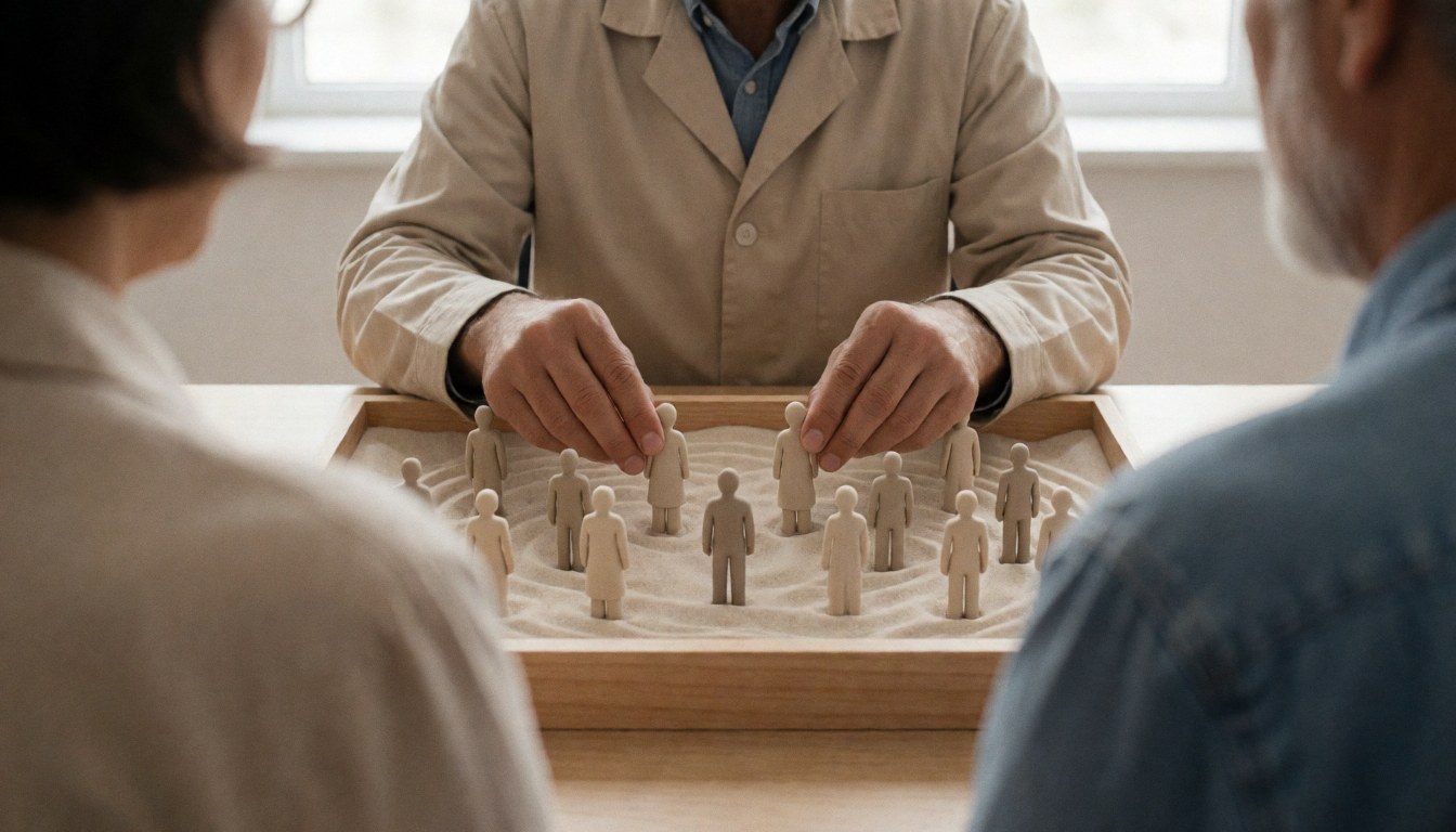 A psychologist arranges small wooden figures on a sand tray during a therapy session while two clients observe from behind.