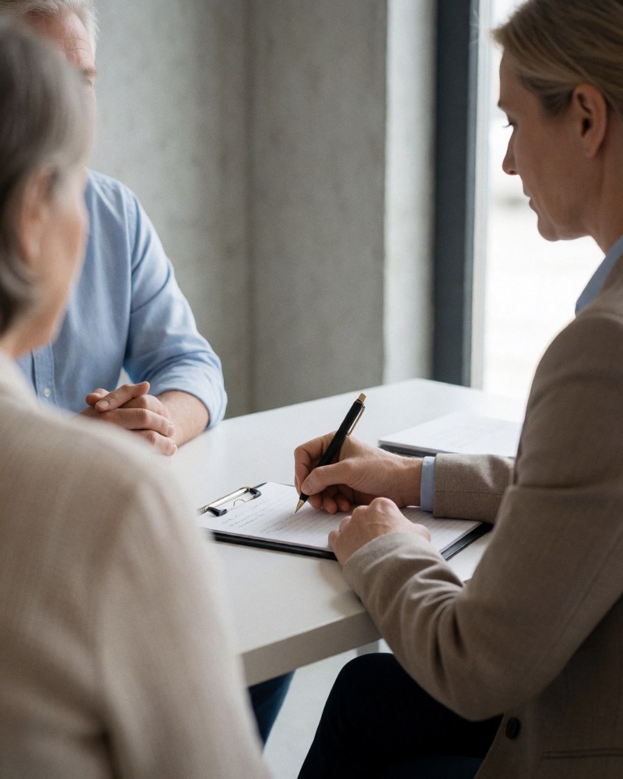 A psychologist writing notes on a desk during a couples therapy session with natural light and a concrete wall background.