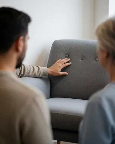 Close-up of a hand feeling the texture of gray upholstery on a sofa in a furniture store with white walls and natural light.