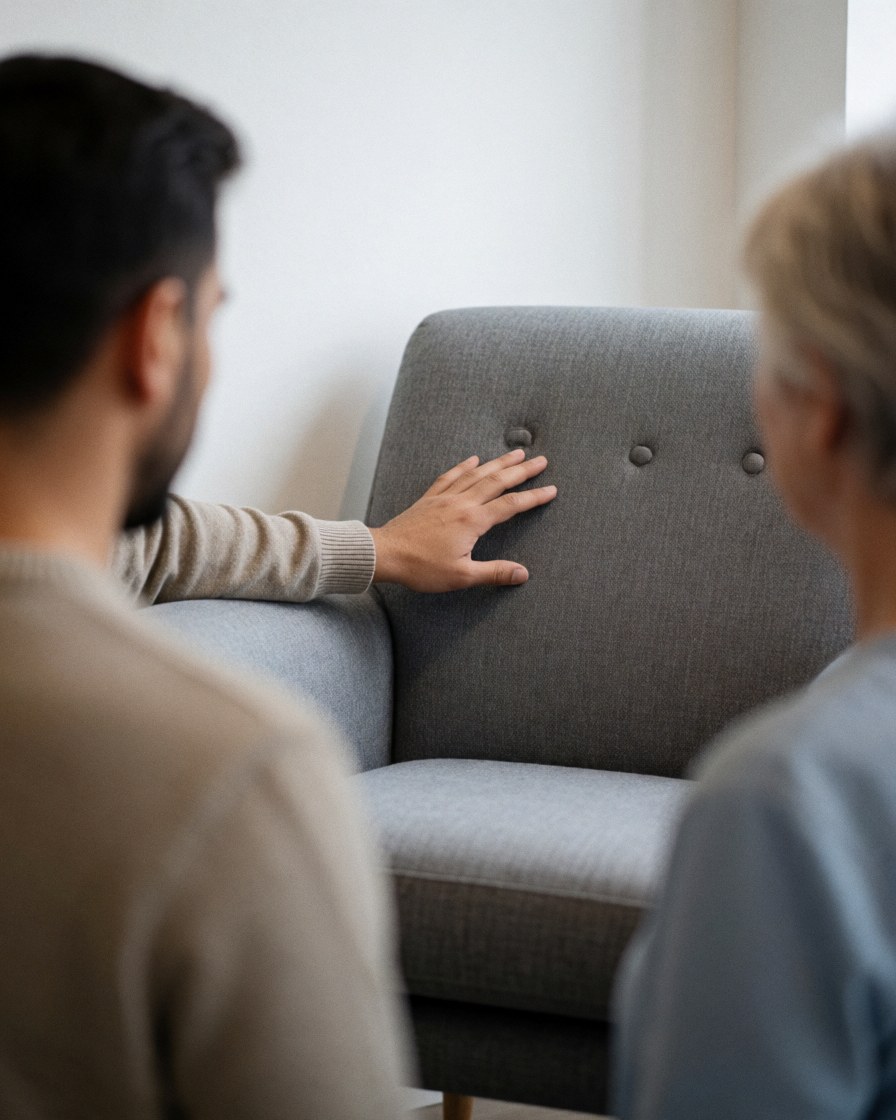 Close-up of a hand feeling the texture of gray upholstery on a sofa in a furniture store with white walls and natural light.