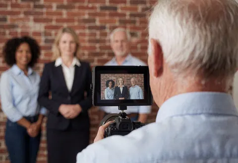 Professional photographer capturing a group in front of a brick wall in a studio.