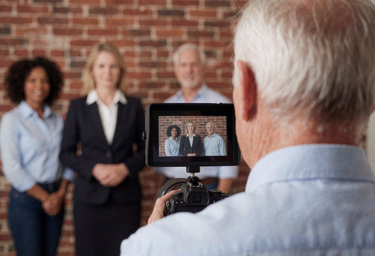 Professional photographer capturing a group in front of a brick wall in a studio.