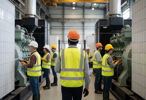 A technician wearing a reflective vest inspects industrial generators in a factory with white tiled walls.
