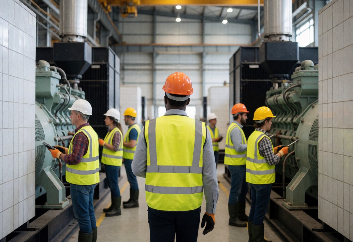 A technician wearing a reflective vest inspects industrial generators in a factory with white tiled walls.