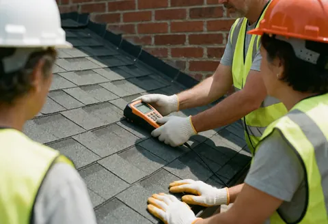 Three technicians in safety vests and helmets measure humidity on a gray tiled rooftop next to a red brick wall.