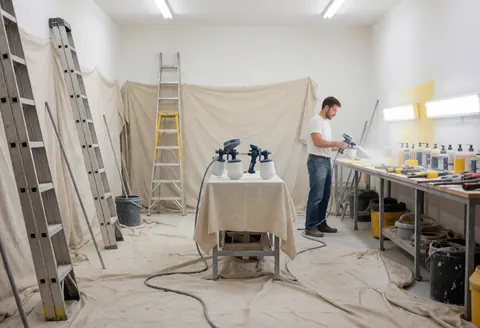 A man uses a paint sprayer in a workshop with ladders, drop cloths, and spray paint on a covered table.