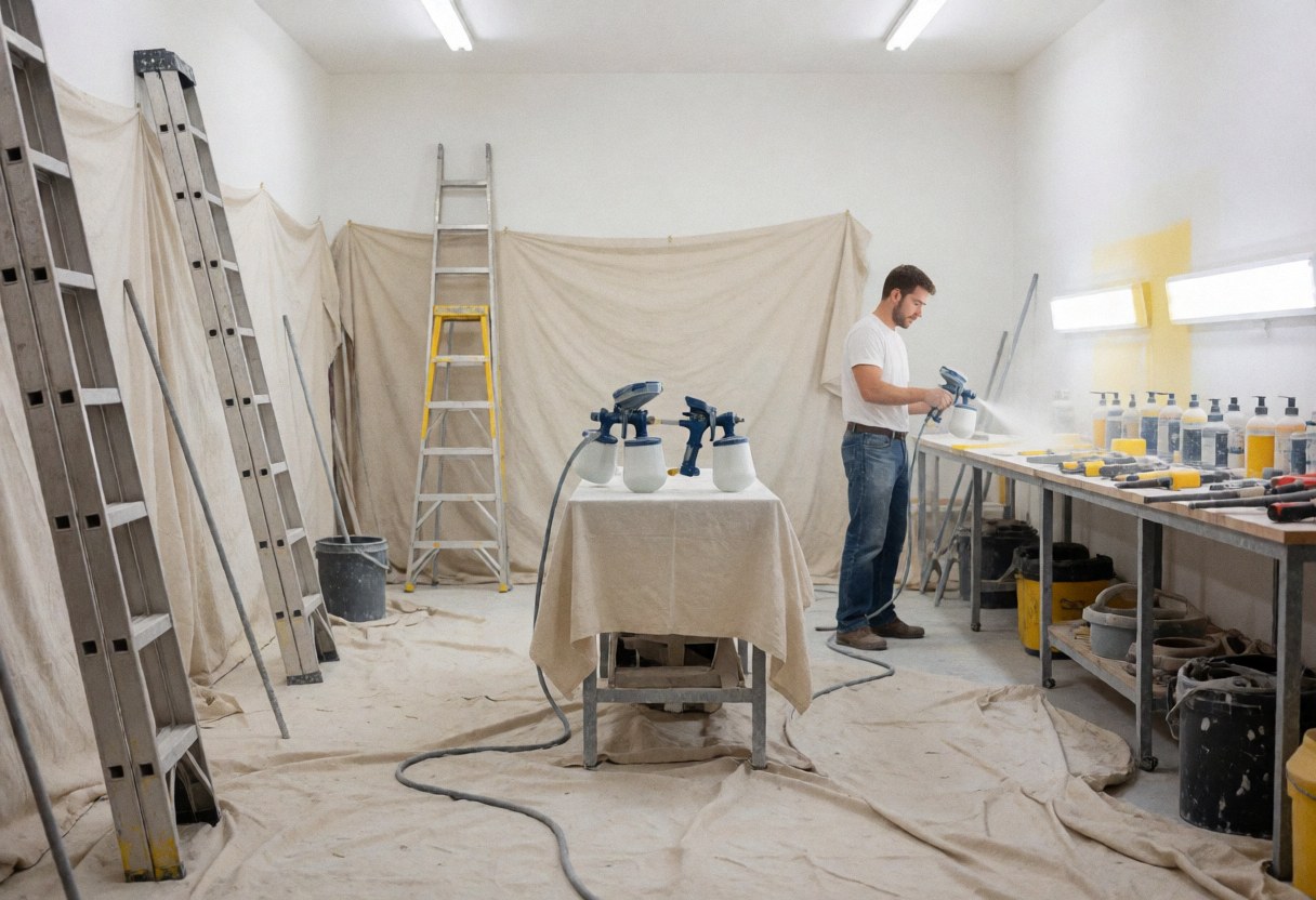 A man uses a paint sprayer in a workshop with ladders, drop cloths, and spray paint on a covered table.