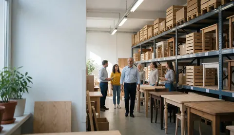 Well-lit industrial furniture warehouse featuring metal shelving units, wooden tables, and people conversing in an organized commercial space.